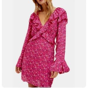 Free People Sweetest Thing Mini Dress Barbie Pink with Ruffles and Pleats
